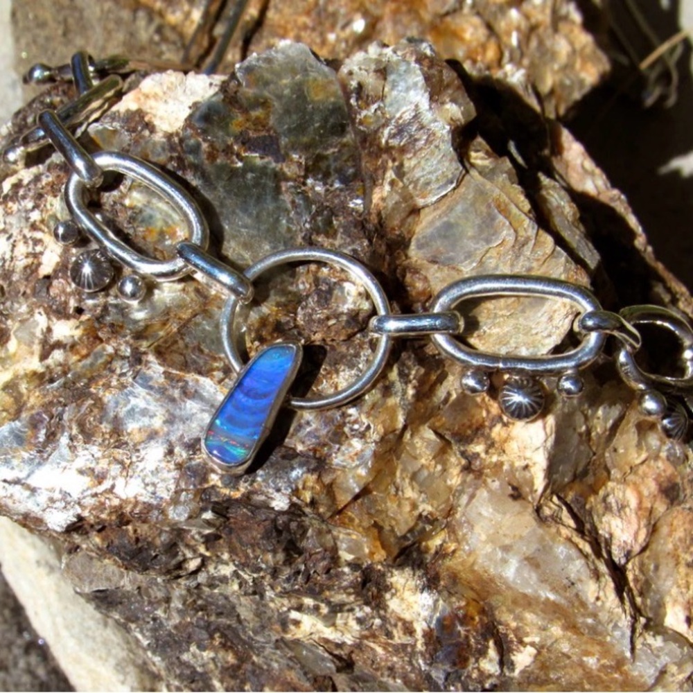 Handmade Opal and Sterling Silver Paperclip Necklace - Picture 2 of 9